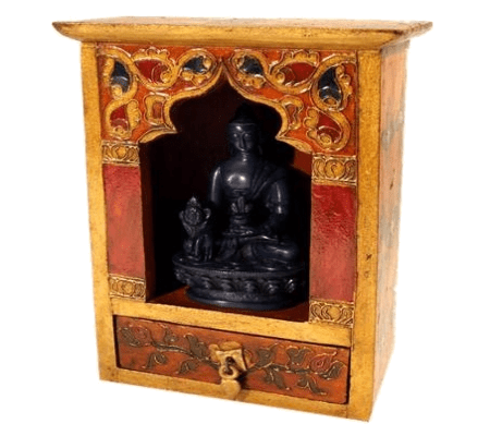 Tibetaans Altaar – Houten Handbeschilderd Huisaltaar – Altaar met Lade – 21 x 17,5 cm altaar