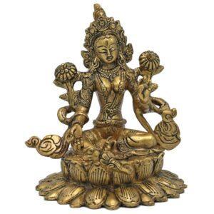 Groene Tara Beeld – Messing – Zittend op Lotus – 15,5 cm boeddha