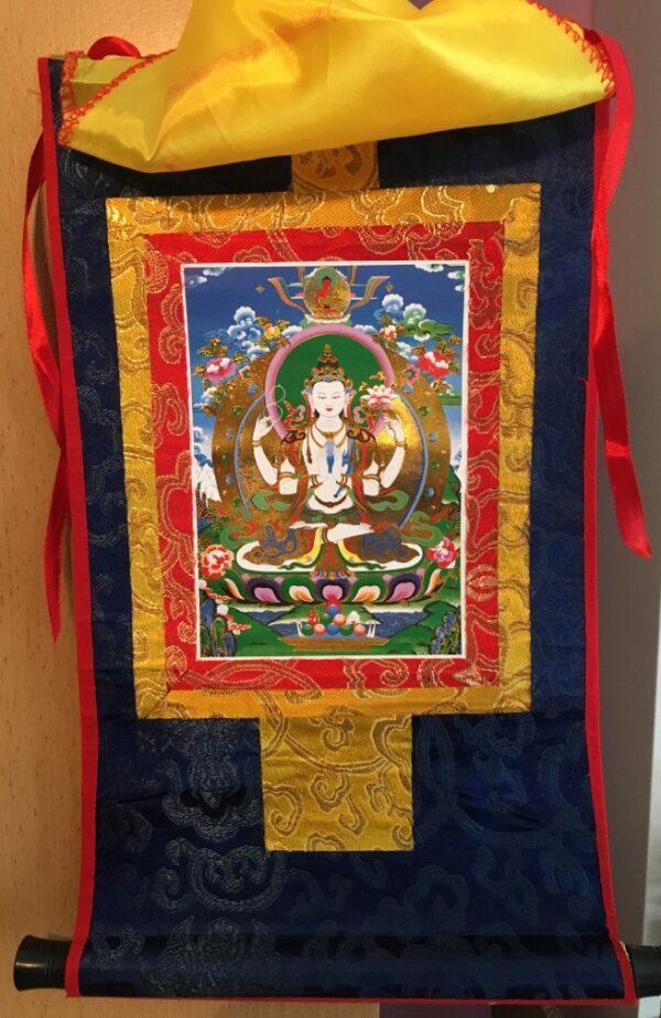 Thangka – Reproductie met afbeelding van Guanyin – Avalokiteshvara – 21/27 x 35 cm Avalokiteshvara