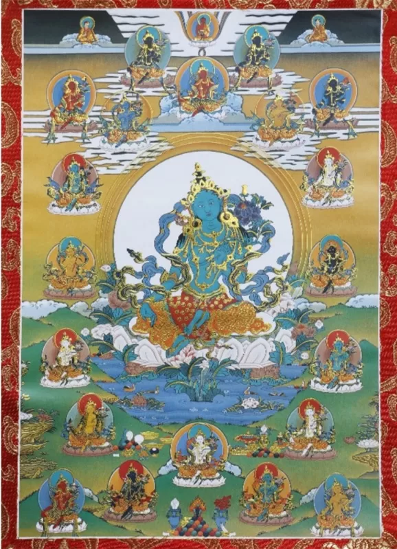 Thangka – Reproductie met afbeelding van 21 Tara’s – 63 x 85 cm boeddha
