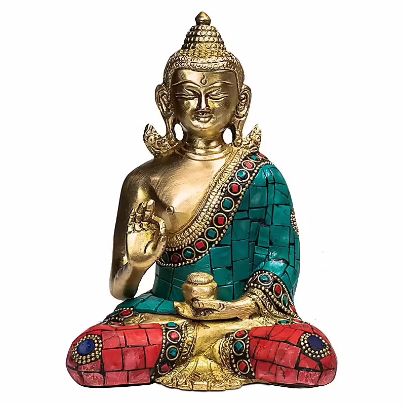 Boeddhabeeld – Boeddha Teaching- met Mozaïek – Goudkleurig met gekleurde steentjes en kralen – 16 cm boeddha Boeddhabeeld - Boeddha Teaching- met Mozaïek - Goudkleurig met gekleurde steentjes en kralen - 16 cm