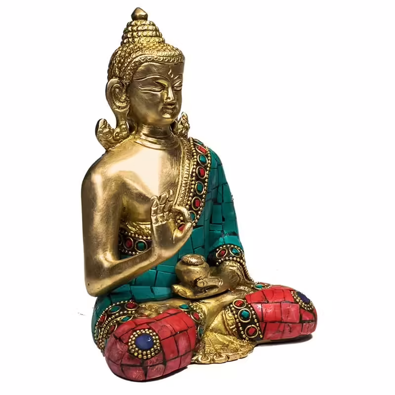 Boeddhabeeld – Boeddha Teaching- met Mozaïek – Goudkleurig met gekleurde steentjes en kralen – 16 cm boeddha Boeddhabeeld - Boeddha Teaching- met Mozaïek - Goudkleurig met gekleurde steentjes en kralen - 16 cm - Afbeelding 2