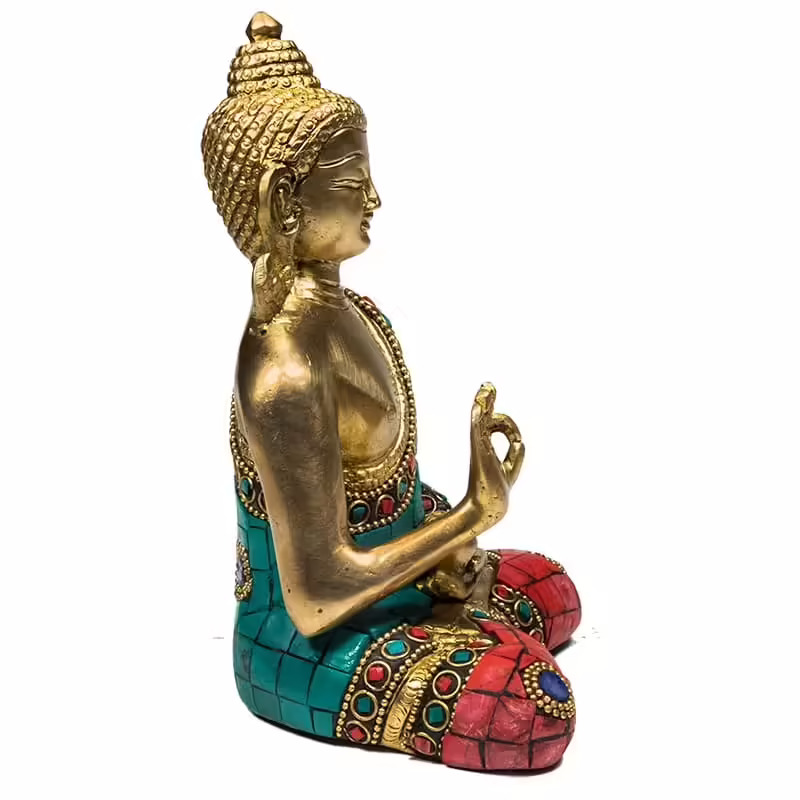 Boeddhabeeld – Boeddha Teaching- met Mozaïek – Goudkleurig met gekleurde steentjes en kralen – 16 cm boeddha Boeddhabeeld - Boeddha Teaching- met Mozaïek - Goudkleurig met gekleurde steentjes en kralen - 16 cm - Afbeelding 3
